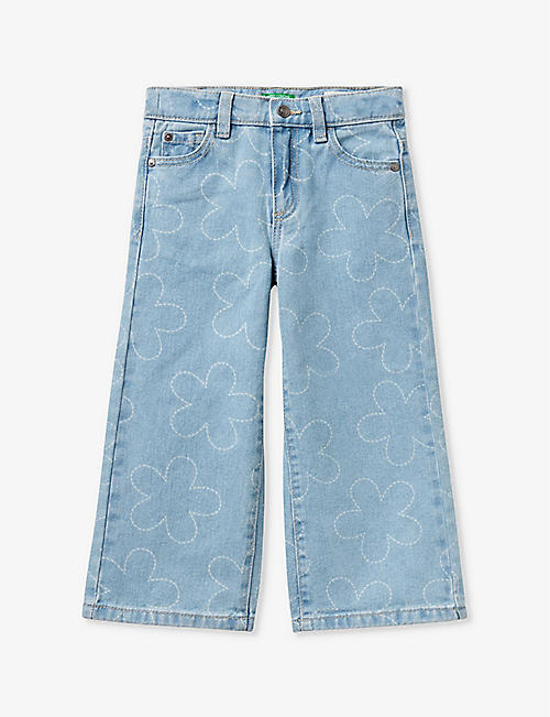 BENETTON: Floral-embroidered wide-leg denim jeans 18 months-6 years