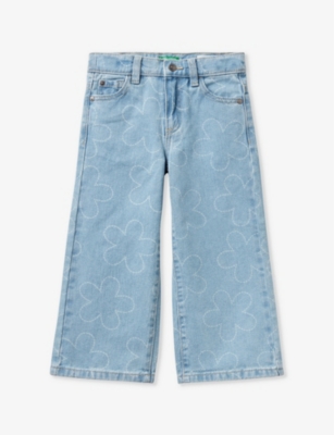 Benetton Girls Stonewash Pale Blue Kids Floral-embroidered Wide-leg Denim Jeans 18 Months-6 Years