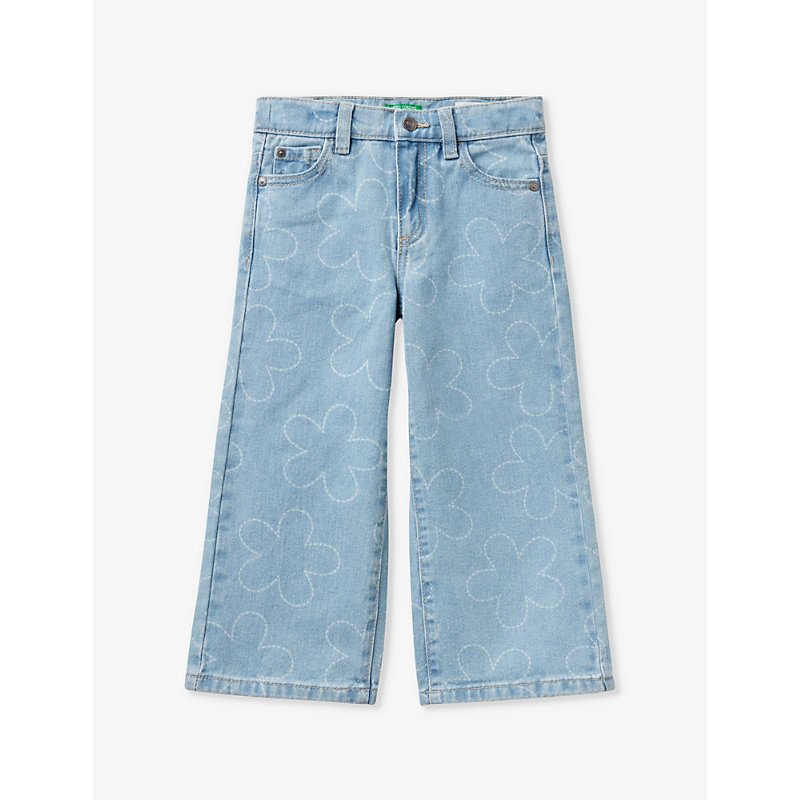 Benetton Girls Stonewash Pale Blue Kids Floral-embroidered Wide-leg Denim Jeans 18 Months-6 Years