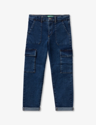 Shop Benetton Patch-pocket Stone-wash Stretch Denim Jeans In Dark Denim Blue