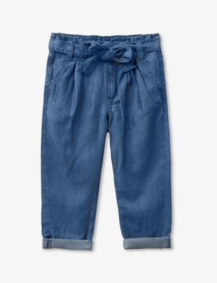 Shop Benetton Blue Denim Paperbag-waist Straight-leg Woven Trousers 18 Months - 6 Years