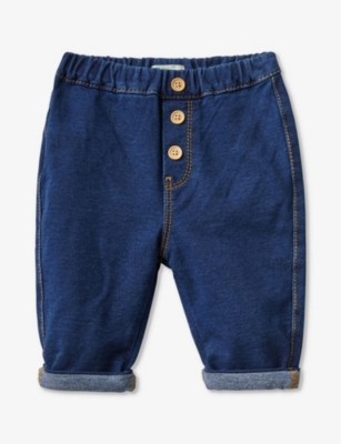 Benetton Babies'  Blue Denim Button-embellished Logo-patch Stretch-cotton Trousers