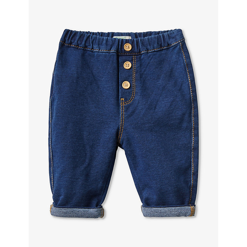 Benetton Babies' Button-embellished Logo-patch Stretch-cotton Trousers In Blue Denim