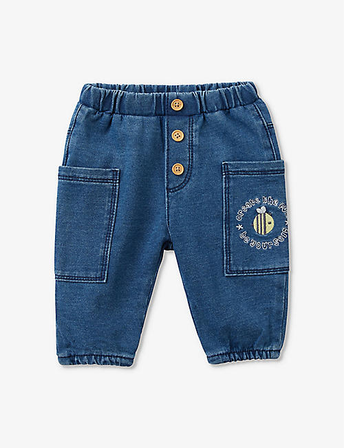 BENETTON: Embroidered-patch stretch-denim cargo trousers 1-18 months