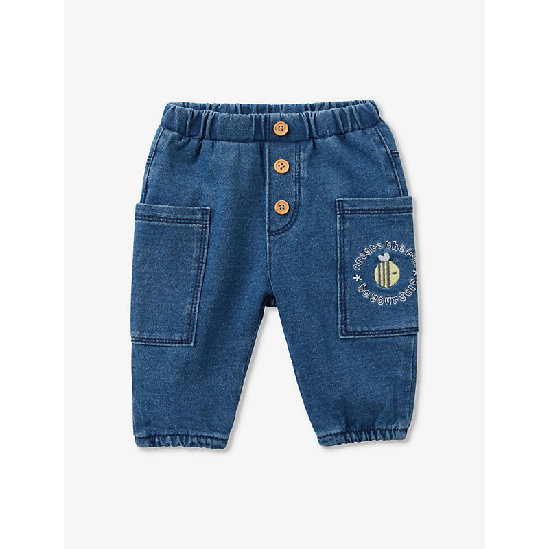 Shop Benetton Embroidered-patch Stretch-denim Cargo Trousers 1-18 Months In Blue Denim