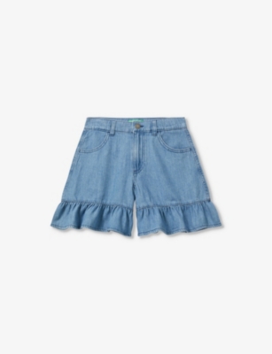 Benetton Girls Light Blue Denim Kids Frill-trim Cotton-chambray Shorts 6-14 Years