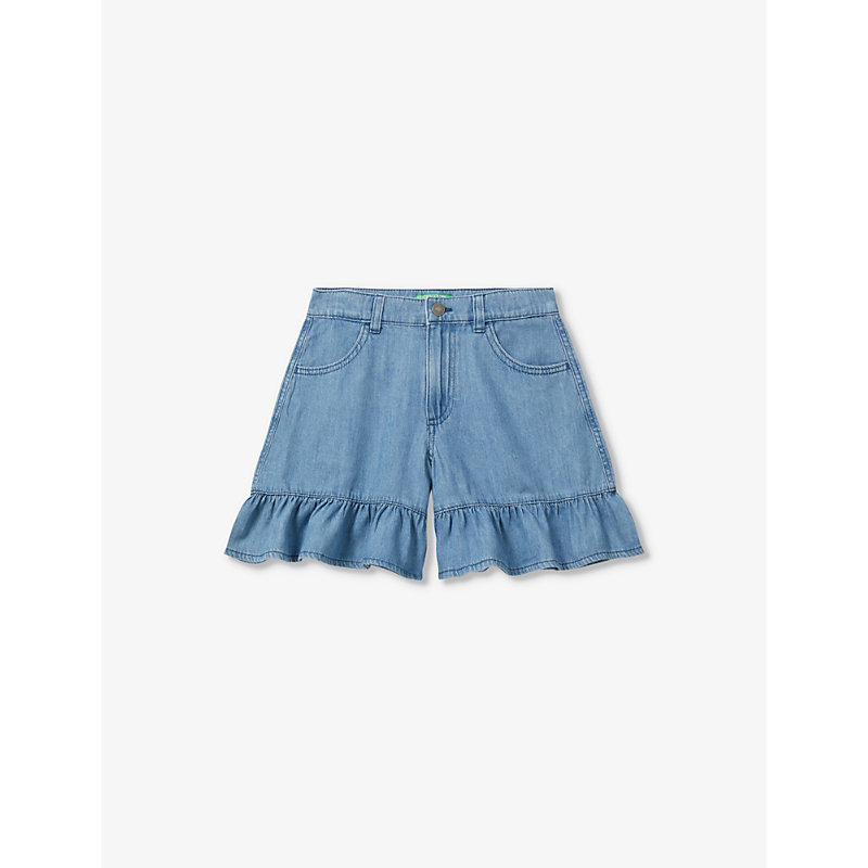 Benetton Girls Light Blue Denim Kids Frill-trim Cotton-chambray Shorts 6-14 Years