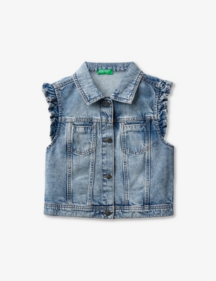 Benetton Girls Blue Denim Kids Frill-sleeve Regular-fit Denim Waistcoat 6-14 Years