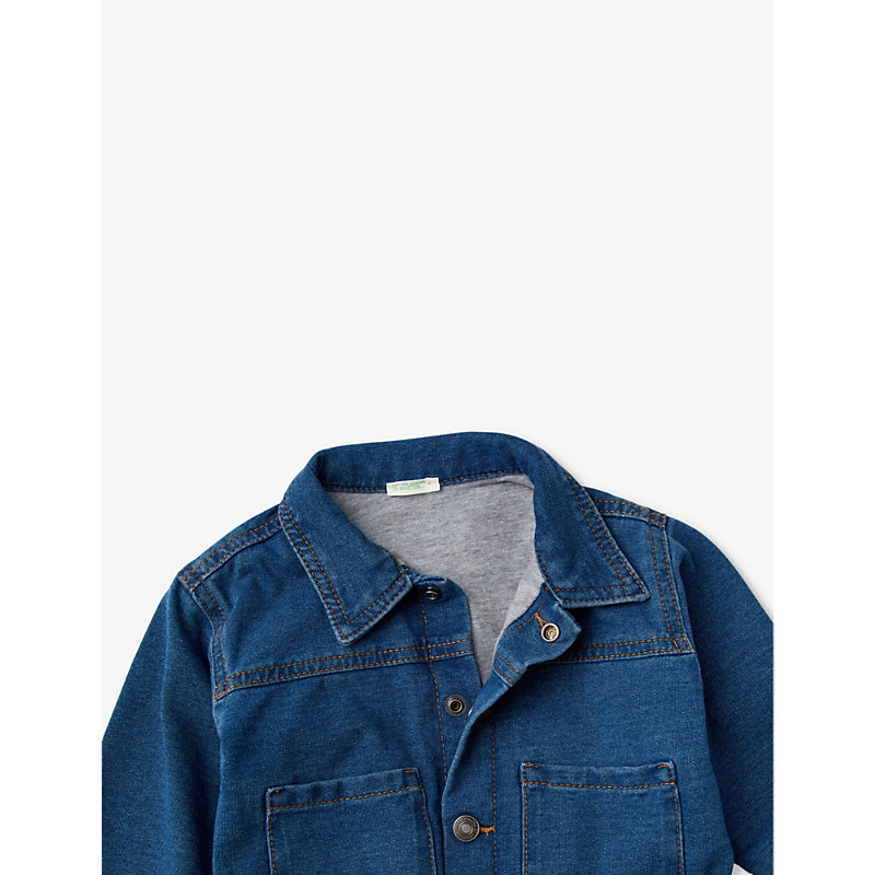 Shop Benetton Fleece-lined Patch-pocket Stretch Cotton-blend Jacket 1-18 Months In Blue Denim