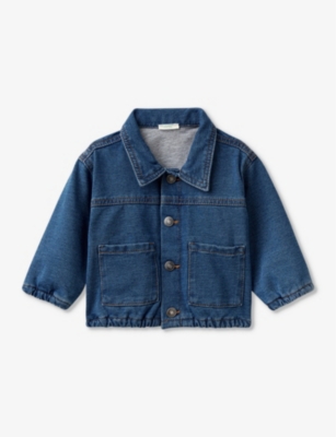 Shop Benetton Fleece-lined Patch-pocket Stretch Cotton-blend Jacket 1-18 Months In Blue Denim