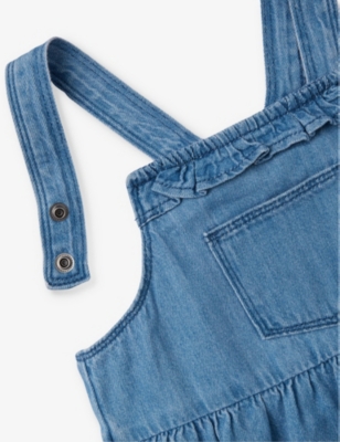 Shop Benetton Blue Denim Patch-pocket Frilled Trim Denim Pinafore Dress 18 Months-6 Years