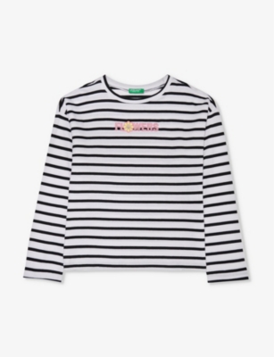 Shop Benetton Girls Vy Blue Kids Bead-embroidered Striped Cotton-jersey T-shirt 6-14 Years In Navy Blue