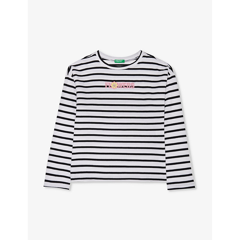 Shop Benetton Girls Navy Blue Kids Bead-embroidered Striped Cotton-jersey T-shirt 6-14 Years