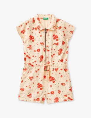 Shop Benetton Girls Peach Pattern Kids Floral-print Drawstring-waist Cotton Jumpsuit 6-14 Years
