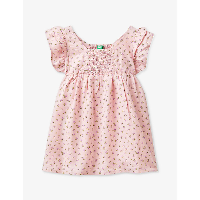 Benetton Girls Pale Pink Kids Floral-print Shirred Cotton And Linen Dress 18 Months-6 Years