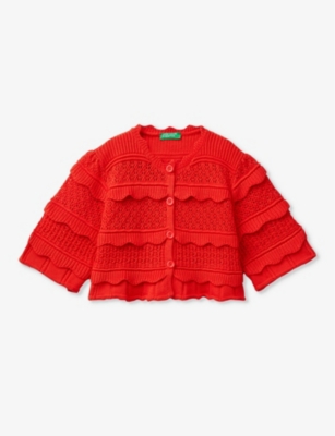 Benetton Girls Red Kids Ruffled Scallop-trim Cotton-knit Cardigan 6-14 Years