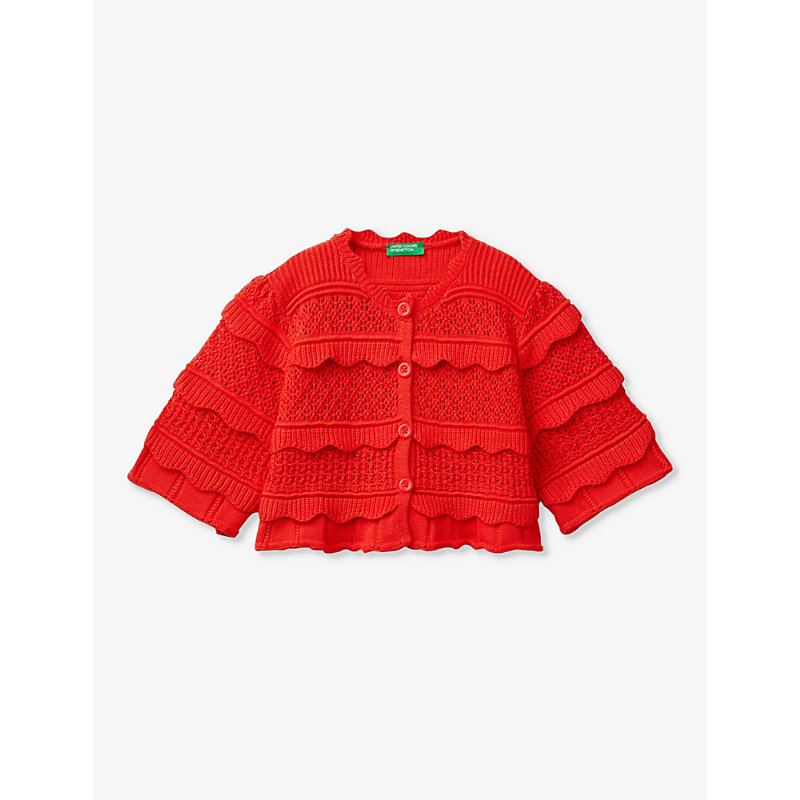 Benetton Girls Red Kids Ruffled Scallop-trim Cotton-knit Cardigan 6-14 Years