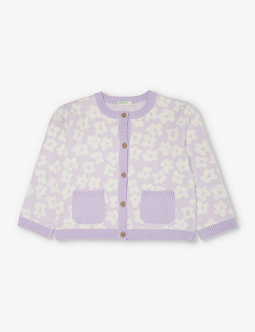 BENETTON: Flower-pattern cotton-blend knitted cardigan 1-18 months