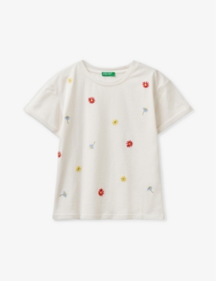 Benetton Girls Stone Kids Flower-embroidered Short-sleeve Cotton T-shirt 6-14 Years