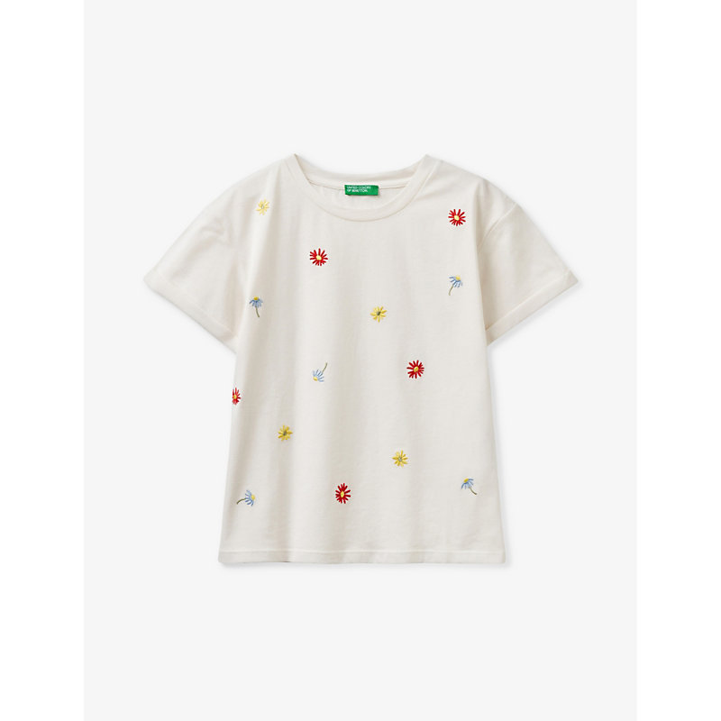 Benetton Girls Stone Kids Flower-embroidered Short-sleeve Cotton T-shirt 6-14 Years