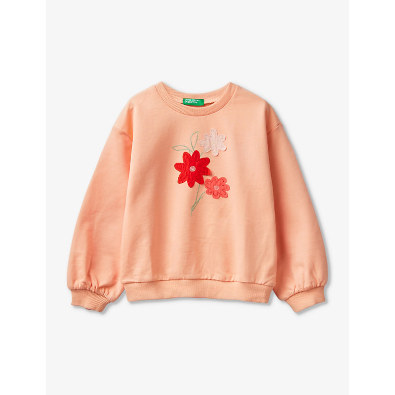 Benetton Babies'  Peach Flower-embroidered Round-neck Cotton Sweatshirt 18 Months - 6 Years
