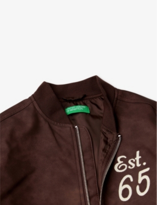 Shop Benetton Vintage Branded Faux-leather Bomber Jacket In Brown