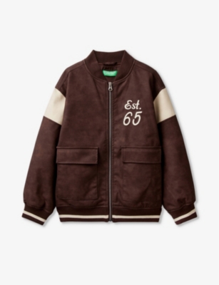 Shop Benetton Vintage Branded Faux-leather Bomber Jacket In Brown