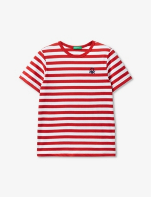 Benetton Babies'  Red Stripe Logo-embroidered Striped Cotton-jersey T-shirt 6-14 Years