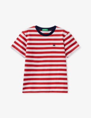 Benetton Boys Red Stripe Kids Logo-embroidered Striped Cotton T-shirt 18 Months-6 Years
