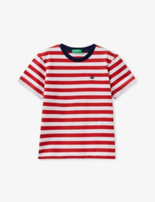 Benetton Boys Red Stripe Kids Logo-embroidered Striped Cotton T-shirt 18 Months-6 Years In Red Stripe