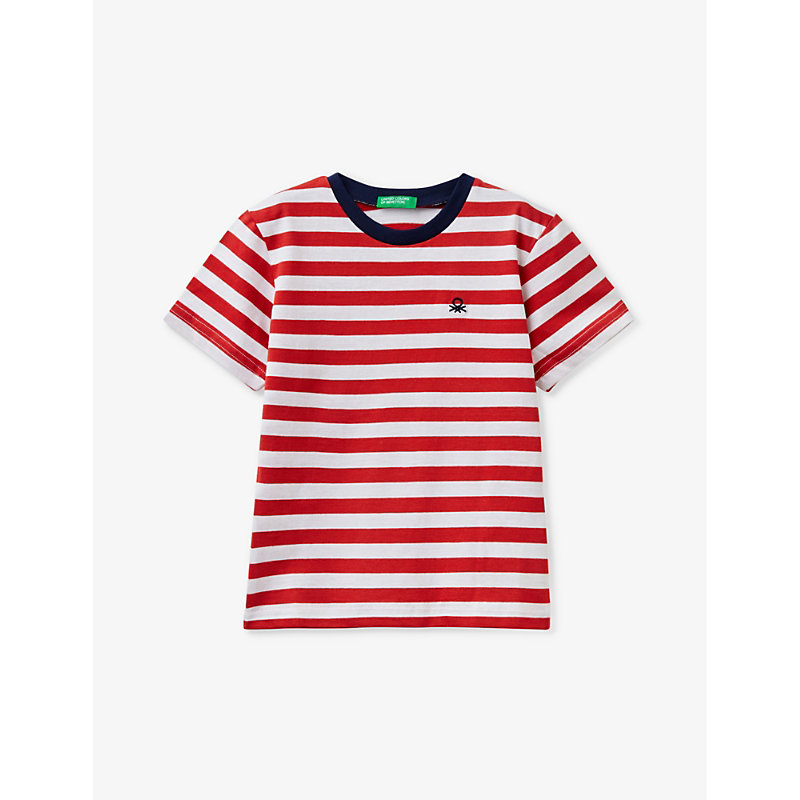Benetton Boys Red Stripe Kids Logo-embroidered Striped Cotton T-shirt 18 Months-6 Years