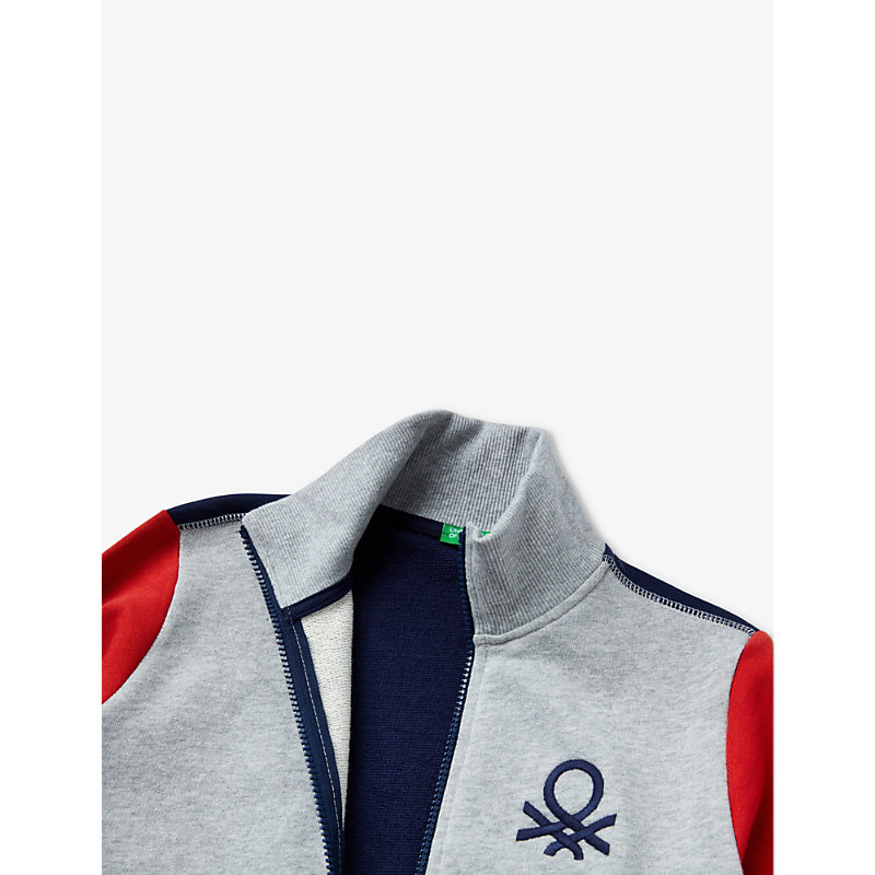 Shop Benetton Logo-embroidered Zipped Cotton Sweatshirt 6-14 Years In Grey/navy Block