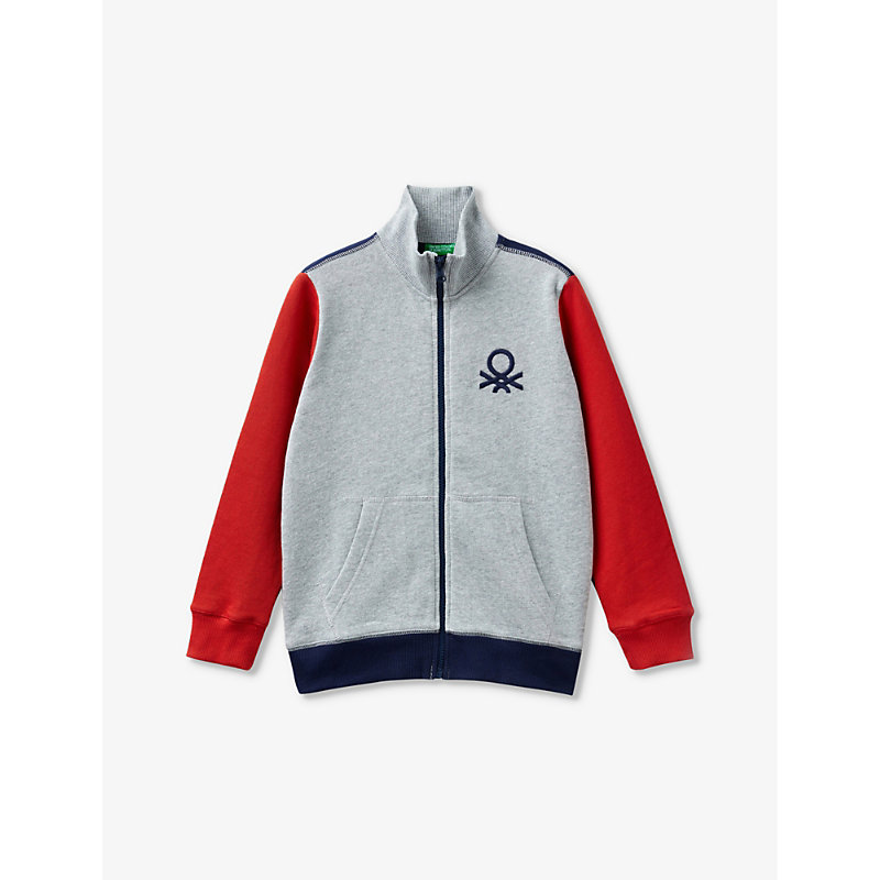 Shop Benetton Logo-embroidered Zipped Cotton Sweatshirt 6-14 Years In Grey/navy Block