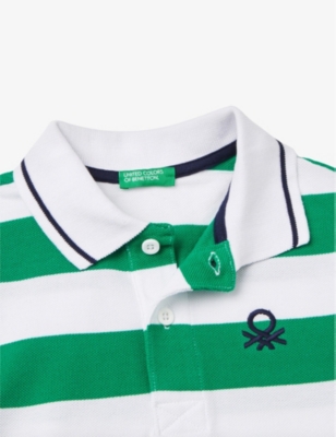 Shop Benetton Boys  Green Kids Logo-embroidered Striped Cotton Polo Shirt 6-14 Years