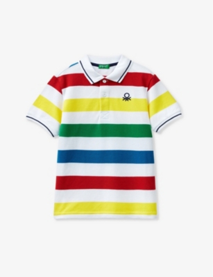 Benetton Boys Bright Multicolour Kids Logo-embroidered Striped Cotton Polo Shirt 6-14 Years