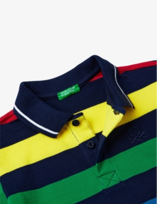 Shop Benetton Boys Navy Mutlicolour Kids Logo-embroidered Striped Cotton Polo Shirt 6-14 Years
