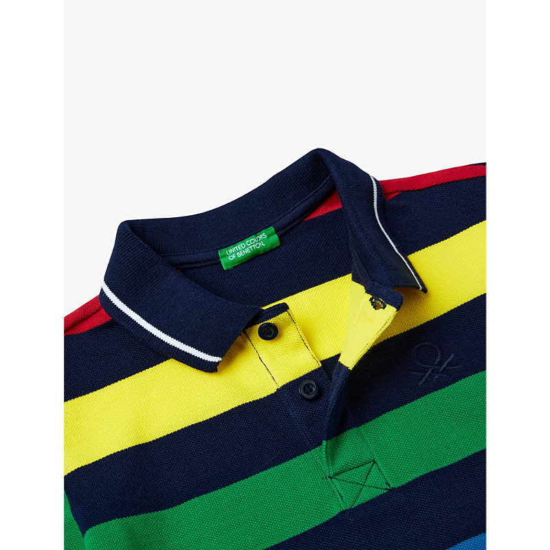 Shop Benetton Boys Navy Mutlicolour Kids Logo-embroidered Striped Cotton Polo Shirt 6-14 Years