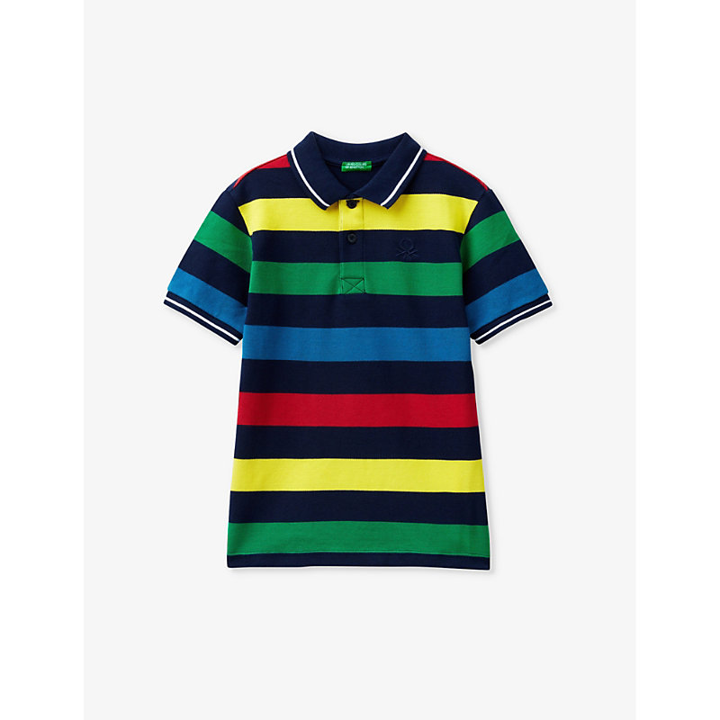 Benetton Boys Navy Mutlicolour Kids Logo-embroidered Striped Cotton Polo Shirt 6-14 Years