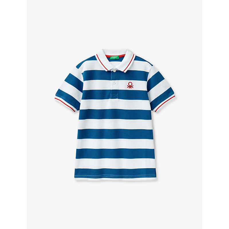 Benetton Boys Royal Blue Stripe Kids Logo-embroidered Striped Cotton Polo Shirt 6-14 Years