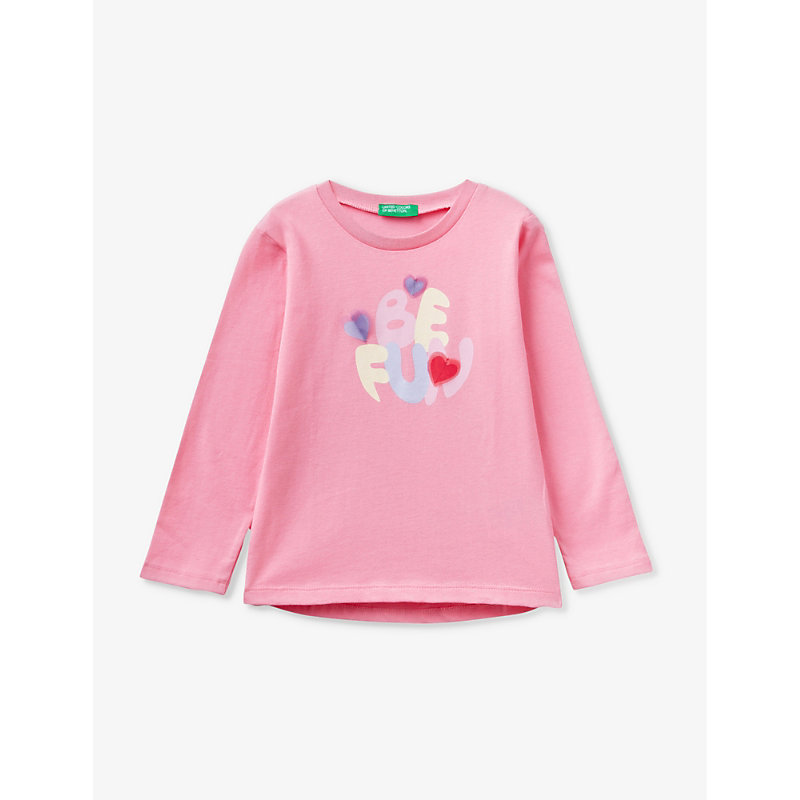 Shop Benetton Fuchsia Pink Graphic-print Long-sleeve Cotton T-shirt 18 Months - 6 Years