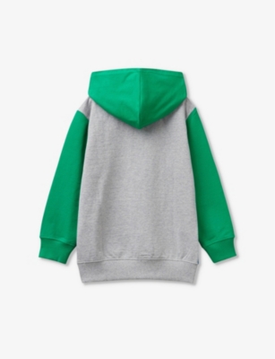 Shop Benetton Colour-block Branded-print Cotton-jersey Hoody 6-14 Years In Airforce/grey Block