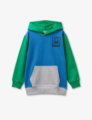 Shop Benetton Boys Airforce/grey Block Kids Colour-block Branded-print Cotton-jersey Hoody 6-14 Years