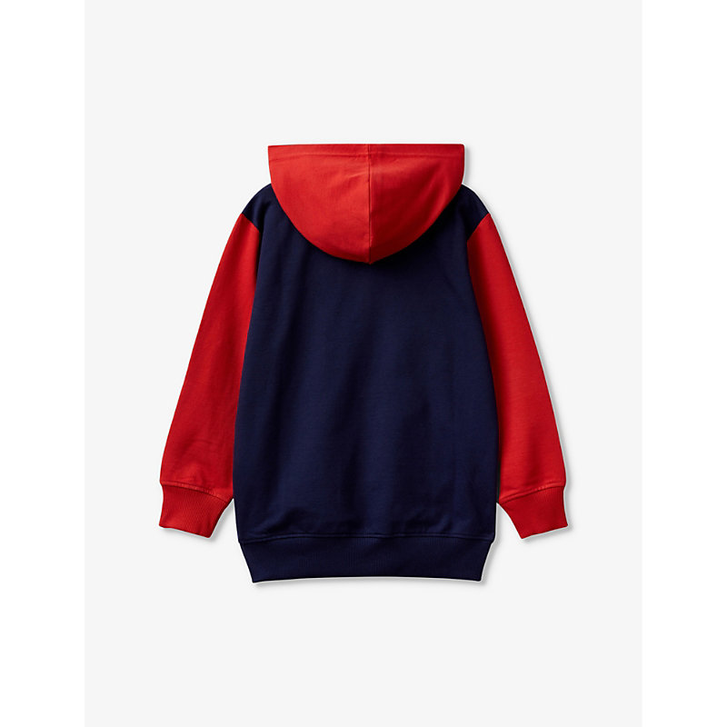 Shop Benetton Colour-block Branded-print Cotton-jersey Hoody 6-14 Years In Grey/navy Block