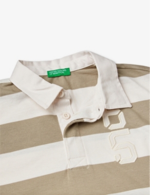 Shop Benetton Boys Khaki Green Kids Stripe-print Logo-embroidered Cotton Polo Shirt 6-14 Years