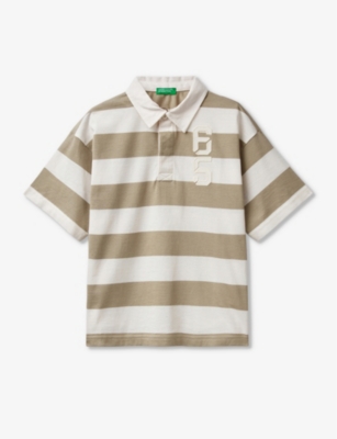 Benetton Boys Khaki Green Kids Stripe-print Logo-embroidered Cotton Polo Shirt 6-14 Years