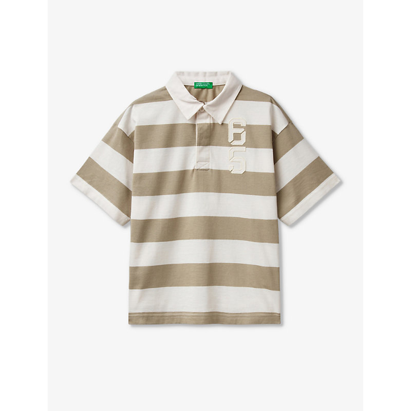 Benetton Boys Khaki Green Kids Stripe-print Logo-embroidered Cotton Polo Shirt 6-14 Years