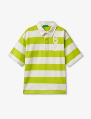 Benetton Boys Lime Stripe Kids Stripe-print Logo-embroidered Cotton Polo Shirt 6-14 Years