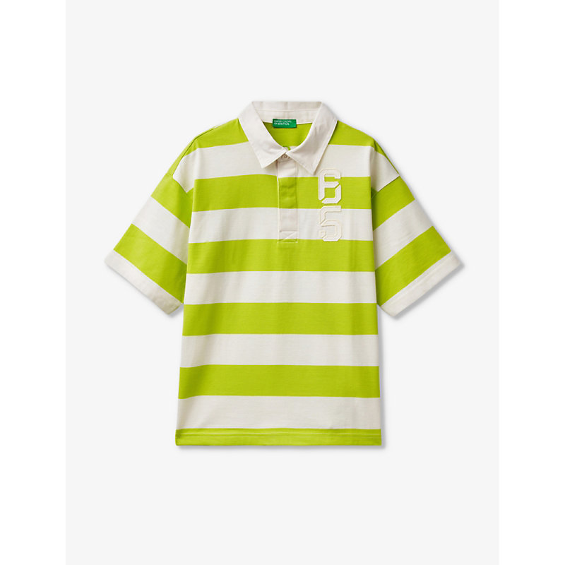 Benetton Boys Lime Stripe Kids Stripe-print Logo-embroidered Cotton Polo Shirt 6-14 Years