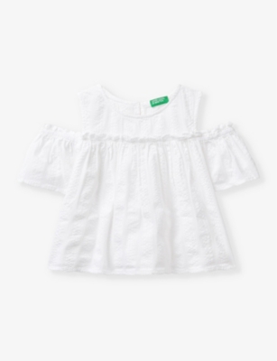 BENETTON: Frill-trim cold-shoulder cotton-muslin blouse 6-14 years