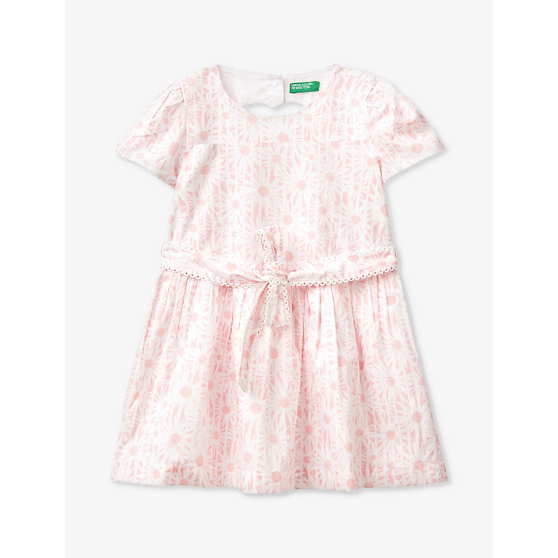 Benetton Girls Pale Pink Floral Kids Floral-print Belted Cotton Dress 18 Months-6 Years